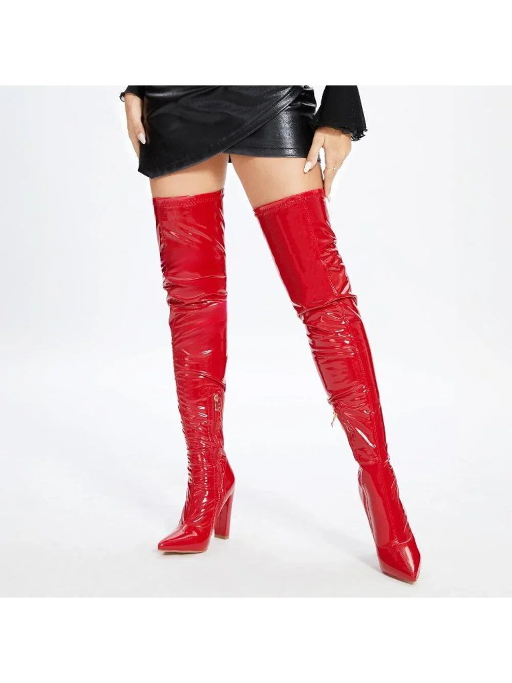Women's Red Pointed Toe Chunky Heel Patent Leather Over The Knee High Boots